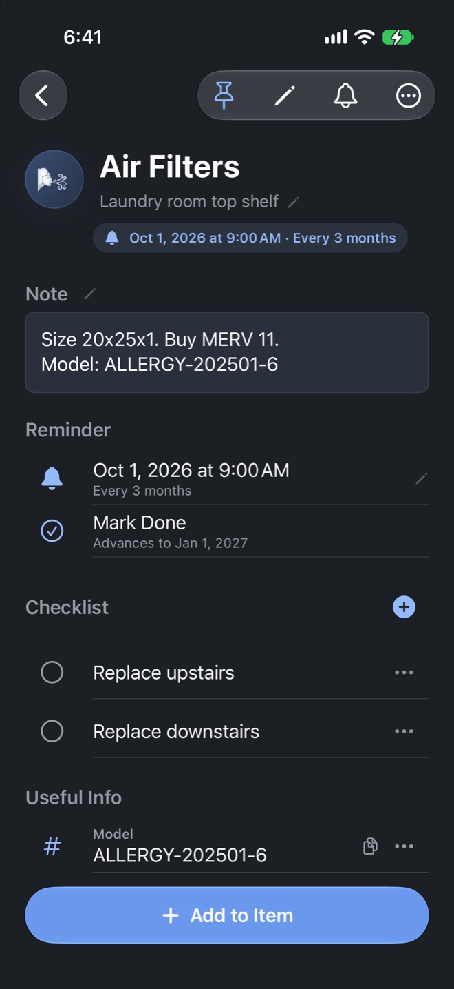 An Item page for air filters with their storage location, a repeating replacement reminder, a checklist, and model information extracted from a note.