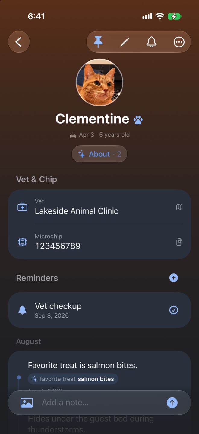 A Pets page for Clementine showing her birthday, vet and microchip details, an upcoming checkup, and her favorite treat.