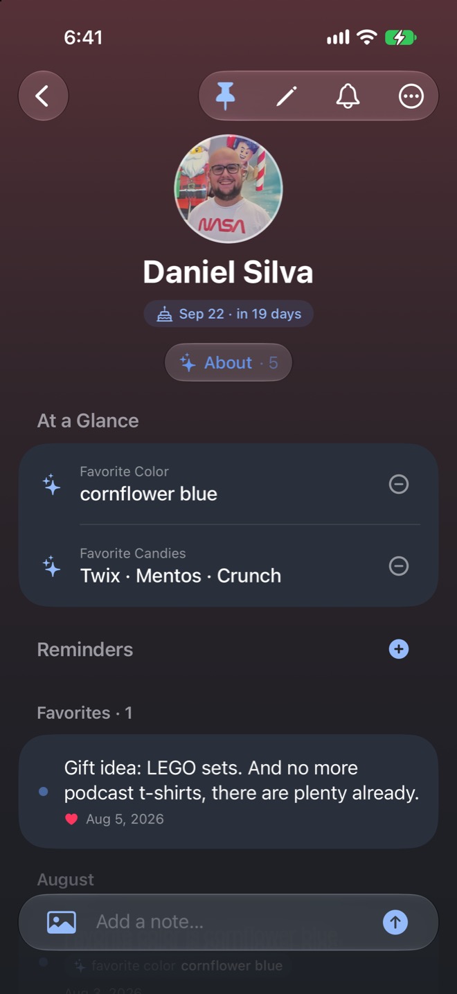 A People page for Daniel Silva with a countdown to his birthday, pinned favorite color and candy details, and a saved gift idea.