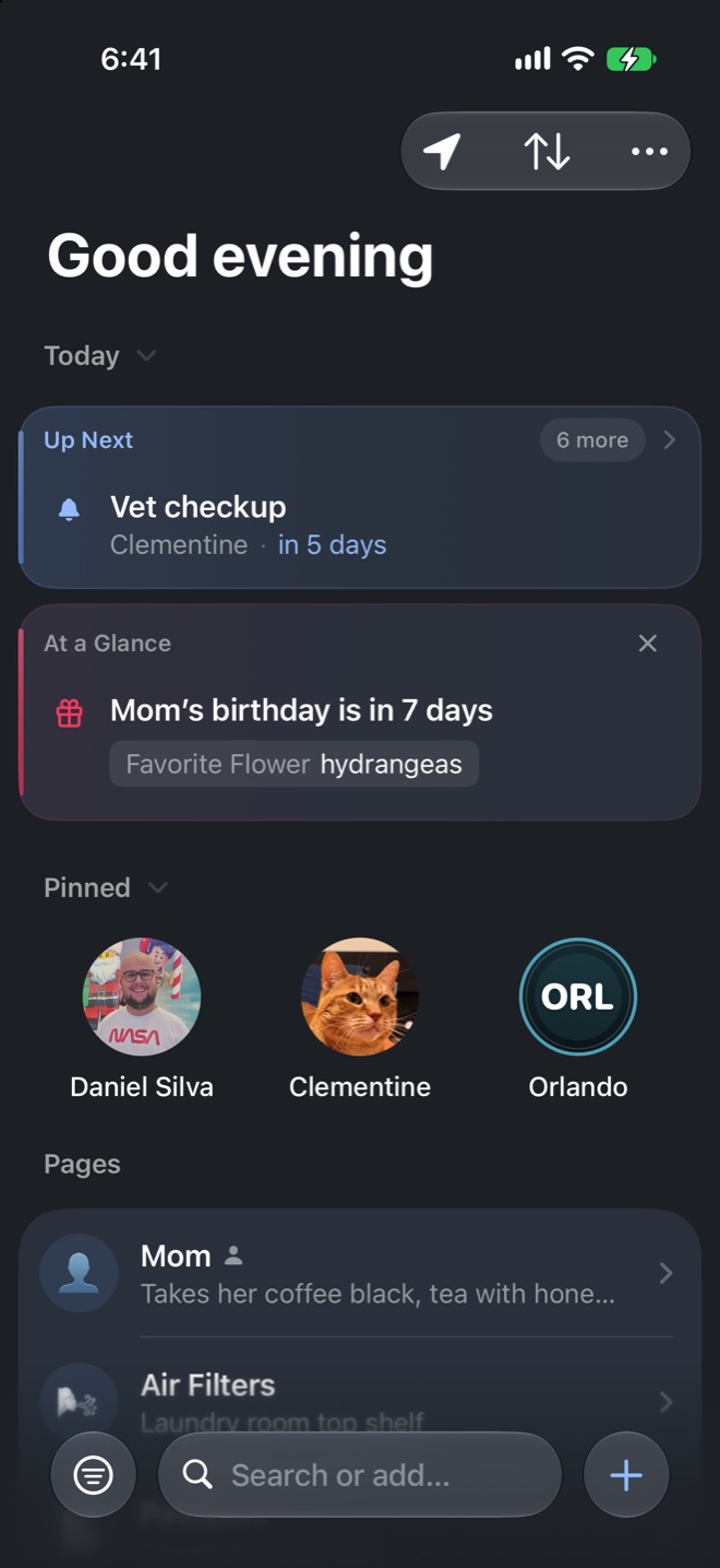 The LookyHere home screen showing an upcoming vet checkup, a birthday card, pinned pages, and the Search or add field.