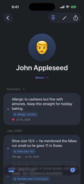 A People page for John Appleseed: notes reading Allergic to cashews but fine with almonds, and Shoe size 10.5, each with a small fact chip underneath.