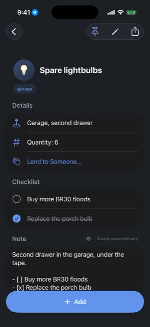 An Item page for spare lightbulbs: they live in the garage's second drawer, quantity 6, with a checklist reading Buy more BR30 floods and Replace the porch bulb.