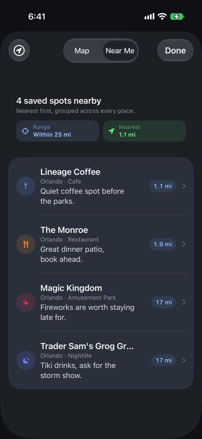 The Near Me screen listing four saved Orlando spots by distance, with their categories and notes.