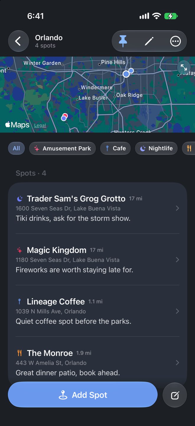 An Orlando place page with a map, category filters, and four saved spots listed with their distance and a short note.