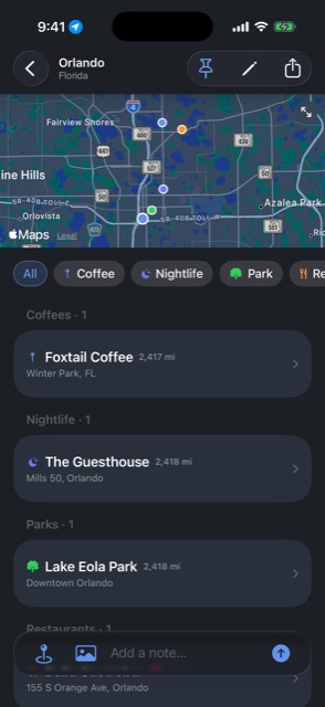 A Place page for Orlando: a map with pins, category filters for Coffee, Nightlife and Park, and saved spots like Foxtail Coffee and Lake Eola Park.